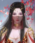 1girl black_hair blue_eyes blurry blurry_background branch cai_lin_(doupo_cangqiong) chain closed_mouth depth_of_field doupo_cangqiong dress facial_mark flower forehead_mark hair_ornament highres horns jewelry long_hair looking_at_viewer pointy_ears red_dress solo sparkle veil yi_ri_kan_jin_changan_hua_dttb