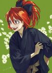 1girl :d abarai_ichika absurdres black_bow black_kimono bleach bow brown_eyes commentary floral_background flower green_background hair_bow high_ponytail highres japanese_clothes jo_jjo_29 kimono looking_away open_mouth ponytail redhead smile solo v-shaped_eyebrows white_flower