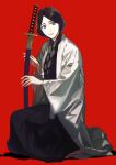 1girl absurdres bangs black_hair black_kimono bleach braid commentary dated front_braid full_body grey_eyes highres holding holding_sheath japanese_clothes jo_jjo_29 katana kimono long_hair long_sleeves looking_at_viewer open_clothes parted_bangs red_background shadow sheath sheathed simple_background sitting solo sword unohana_retsu very_long_hair weapon wide_sleeves