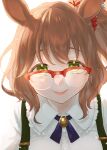 1girl absurdres animal_ears aston_machan_(umamusume) backlighting bangs bespectacled breasts brown_hair closed_mouth collared_shirt commentary_request dress_shirt glasses green_eyes hair_ornament hair_scrunchie highres horse_ears looking_at_viewer medium_breasts one_side_up over-rim_eyewear red-framed_eyewear red_lips red_scrunchie ribbon sarachi_(sara_dayluv) scrunchie semi-rimless_eyewear shirt simple_background smile solo suspenders umamusume upper_body white_background white_shirt