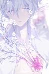 1boy bangs blurry blurry_background byuey chinese_commentary closed_eyes collared_shirt commentary dress_shirt flower hair_between_eyes limited_palette long_bangs male_focus original parted_lips shirt solo upper_body white_flower white_hair white_shirt wislan_(byuey)