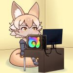 1girl 3 absurdres animal_costume animal_ear_fluff animal_ears black_jacket blonde_hair ce_bluelizard computer coyote_(kemono_friends) desk extra_ears highres jacket kemono_friends kemono_friends_v_project kneehighs shoes short_hair skirt socks solo tail virtual_youtuber wolf_costume wolf_ears wolf_girl wolf_tail yellow_eyes