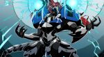 1girl absurdres glowing glowing_eyes guilty_gear guilty_gear_x highres humanoid_robot justice_(guilty_gear) mechanical_tail redhead solo stardust935 tail thunder yellow_eyes