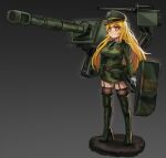 1girl absurdres black_thighhighs blonde_hair boots camouflage camouflage_jacket camouflage_skirt cannon chance8000 garter_straps gloves green_footwear green_headwear ground_vehicle gun hat high_heel_boots high_heels highres howitzer jacket long_hair long_sleeves m109_howitzer machine_gun machinery mecha_musume military military_uniform military_vehicle miniskirt original peaked_cap personification skirt smile solo thigh-highs thigh_boots thighhighs_under_boots turret uniform very_long_hair weapon white_gloves yellow_eyes zettai_ryouiki
