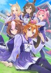 5girls :d admire_vega_(umamusume) ahoge animal_ears arm_support arm_up bangs black_pantyhose blue_sky blush bow breasts brown_eyes brown_hair closed_mouth clouds commentary_request crown day dutch_angle ears_down forehead grin hair_between_eyes hairband hand_on_another&#039;s_shoulder haru_urara_(umamusume) horse_ears horse_girl horse_tail large_breasts long_hair long_sleeves looking_at_viewer meisho_doto_(umamusume) mini_crown multicolored_hair multiple_girls nabe_puyo narita_top_road_(umamusume) on_grass open_mouth outdoors pantyhose parted_bangs pink_hair pink_hairband pleated_skirt ponytail puffy_long_sleeves puffy_sleeves purple_eyes purple_shirt purple_skirt sailor_collar school_uniform shirt sitting skirt sky smile standing t.m._opera_o_(umamusume) tail tilted_headwear two-tone_hair umamusume violet_eyes white_bow white_hair
