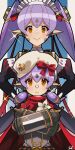 2girls absurdres android bangs beret brown_eyes closed_mouth dual_persona flower hat highres joints kyosuke1413koba long_hair maid_headdress multiple_girls pointy_ears poppi_(xenoblade) poppi_alpha_(xenoblade) poppi_qt_(xenoblade) purple_hair robot_joints short_twintails smile twintails white_flower white_headwear xenoblade_chronicles_(series) xenoblade_chronicles_2