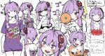 +_+ 1girl bare_shoulders blush closed_mouth collarbone dress food fruit hair_ornament hands_up highres holding long_hair low_twintails men_in_black microa open_mouth orange_(fruit) orange_shirt orange_t-shirt purple_eyes purple_hair purple_shirt purple_shorts purple_t-shirt round_teeth shirt short_hair_with_long_locks shorts sidelocks simple_background smile sparkle speech_bubble t-shirt teeth translation_request twintails uno_(game) upper_teeth violet_eyes vocaloid voiceroid white_background yuzuki_yukari