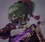 1boy 1girl armor bangs earrings eyebrows_hidden_by_hair genshin_impact gloves green_hair grey_background holding holding_knife holding_weapon japanese_armor japanese_clothes jewelry knife kuki_shinobu long_hair looking_to_the_side mask oni_mask ponytail silberein simple_background solo upper_body violet_eyes weapon
