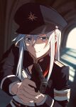 1girl 86_-eightysix- aiming_at_viewer bangs black_headwear black_jacket blue_eyes blurry blurry_background colored_eyelashes commentary_request depth_of_field grey_hair gun hair_between_eyes handgun hat highres holding holding_gun holding_weapon jacket long_hair long_sleeves looking_at_viewer military military_uniform multicolored_hair peaked_cap redhead shirt solo streaked_hair two-handed uniform upper_body v-shaped_eyebrows vladilena_millize weapon weapon_request white_shirt yakisobaosu