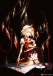 1girl artist_name black_background blonde_hair bloomers cake cake_slice commentary crystal cui_(jidanhaidaitang) fangs flandre_scarlet food fork full_body hat hat_ribbon highres holding holding_knife kneeling knife laevatein_(tail) mob_cap one_side_up open_mouth plate puffy_short_sleeves puffy_sleeves red_eyes red_footwear red_ribbon red_skirt red_vest ribbon shirt short_hair short_sleeves skirt skirt_set solo tail teeth touhou underwear upper_teeth vest weibo_logo weibo_username white_bloomers white_headwear white_shirt wings