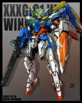 absurdres black_border border character_name green_eyes grey_background gun gundam gundam_wing highres holding holding_gun holding_shield holding_weapon mecha mechanical_wings mobile_suit moyan no_humans procreate_(medium) robot shield solo v-fin weapon wing_gundam_(ew) wings