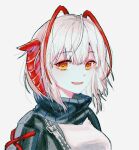 1girl ahoge antennae arknights black_jacket black_scarf demon_horns gradient gradient_background grey_background horns jacket looking_at_viewer open_clothes open_jacket open_mouth orange_eyes portrait scarf shirt short_hair simple_background smile solo w_(arknights) wangchuan white_shirt