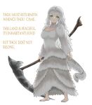 1girl absurdres barefoot dark_souls_(series) dark_souls_i dragon_girl english_text full_body fur green_eyes highres holding holding_scythe long_hair looking_at_viewer plant-new-art priscilla_the_crossbreed scales scythe solo tail white_fur white_hair