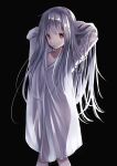  1girl absurdres adjusting_hair arms_up black_background grey_hair hands_in_hair highres long_hair long_sleeves mouth_hold naked_shirt original oversized_clothes oversized_shirt red_eyes see-through_silhouette shirt solo su_ha_ya very_long_hair white_hair white_shirt 