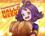1girl acerola_(pokemon) ahoge armlet bangs elite_four food hair_ornament halloween holding holding_food holding_pumpkin holding_vegetable kotobukkii_(yt_lvlv) looking_at_viewer open_mouth pokemon pokemon_(game) pokemon_sm pumpkin purple_eyes purple_hair short_hair smile solo star_(symbol) star_hair_ornament starfish starry_background stitches trial_captain upper_body vegetable violet_eyes
