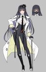 1girl ban!_(bansankan) bangs black_hair boots breasts cane coat contrapposto full_body gas_mask gloves gradient gradient_background grey_background hand_on_hip hime_cut holding holding_cane long_hair looking_at_viewer mask mask_on_head necktie original red_eyes smile under_boob