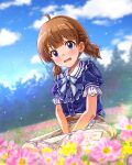 1girl :o ahoge bangs blue_eyes blue_shirt blue_sky blunt_bangs blurry blurry_background blurry_foreground blush brown_hair cloud day depth_of_field field flower flower_field highres idolmaster idolmaster_million_live! idolmaster_million_live!_theater_days looking_at_viewer neck_ribbon on_ground outdoors own_hands_together plaid plaid_skirt puffy_short_sleeves puffy_sleeves ribbon rocktaso_co_ltd shirt short_sleeves short_twintails sitting skirt sky solo suou_momoko twintails