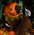 1girl animal black_cat cat fantasy ghost halloween highres ivy leaf original outdoors oversized_animal oversized_object pumpkin scenery witch yellow_eyes