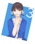 1girl bangs blue_background blue_jacket blue_nails blue_ribbon brown_eyes brown_hair closed_mouth commentary countdown fingernails grey_overalls hair_ribbon hand_up jacket looking_at_viewer low_twintails mole mole_above_mouth nail_polish nigari_(ngari_0115) nomoto_sora open_clothes open_jacket overalls real_life ribbon shirt short_hair short_twintails sleeves_past_elbows sleeves_pushed_up smile solo twintails two-tone_background upper_body v v_over_mouth white_background white_shirt