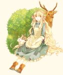 1girl aiki_(037) animal antlers apron bangs blue_dress boots brown_footwear bunny collared_dress deer dress foliage frilled_apron frilled_dress frills gradient gradient_background hair_between_eyes hair_ornament hairband hands_on_own_thighs kagerou_project kozakura_marry leaf long_hair mekakucity_actors nature pink_eyes pink_hairband pink_ribbon plant rabbit red_eyes ribbon sitting sleeve_cuffs sleeves_past_wrists smile very_long_hair white_apron white_background