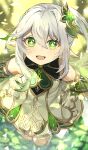 1girl :d bangs bare_shoulders blurry blurry_background blush cross-shaped_pupils detached_sleeves dress from_above genshin_impact green_eyes gyoju_(only_arme_nim) hair_between_eyes hair_ornament highres leaf_hair_ornament long_hair looking_at_viewer nahida_(genshin_impact) no_shoes open_mouth pointy_ears short_sleeves side_ponytail sidelocks smile socks solo stirrup_legwear toeless_legwear toes white_dress white_socks