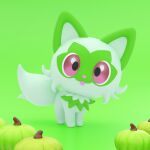 3d animal_focus commentary english_commentary full_body green_background green_theme highres looking_at_viewer no_humans pink_eyes pokemon pokemon_(creature) puffcakerosie pumpkin simple_background solo sprigatito standing tongue tongue_out zbrush_(medium)