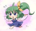 1girl ahoge barefoot blue_dress blue_eyes blush chibi collared_shirt daiyousei dress fairy fairy_wings green_hair long_hair motion_lines one_side_up open_mouth puffy_short_sleeves puffy_sleeves rokugou_daisuke shirt short_sleeves side_ponytail signature solo touhou white_shirt wings