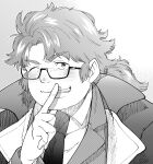 1boy blush coat collared_shirt commentary_request finger_to_mouth formal glasses grey_background greyscale grin hatching_(texture) jacket lapels licht_(housamo) linear_hatching looking_at_viewer low_ponytail male_focus medium_hair monochrome necktie notched_lapels one_eye_closed satou_shouhei screentones semi-rimless_eyewear shirt shushing smile solo tokyo_afterschool_summoners upper_body
