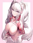  1girl alice_(goddess_of_victory:_nikke) animal_ears aoi_gorilla breasts curvy dress gloves goddess_of_victory:_nikke headphones highres large_breasts long_hair looking_at_viewer pink_dress pink_eyes rabbit_ears skin_tight smile solo spandex sportswear tight v white_hair 