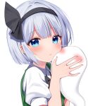  1girl black_hairband black_ribbon blue_eyes blush closed_mouth collared_shirt gradient gradient_background green_vest grey_hair hair_ribbon hairband highres hitodama konpaku_youmu konpaku_youmu_(ghost) looking_at_viewer puffy_short_sleeves puffy_sleeves ribbon shinonome_asu shirt short_hair short_sleeves silver_hair simple_background solo touhou twitter_username upper_body vest white_background white_shirt 