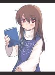  1girl bangs blush book brown_hair chara_(undertale) closed_mouth cosplay frown hair_between_eyes holding holding_book long_hair long_sleeves looking_at_viewer purple_skirt red_eyes shirt simple_background skirt solo toriel toriel_(cosplay) undertale white_background white_shirt white_sleeves xox_xxxxxx 