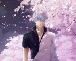 1boy absurdres cherry_blossoms closed_mouth falling_petals flower fusizennna_3310 gintama hair_between_eyes highres japanese_clothes looking_to_the_side male_focus petals pink_flower sakata_gintoki smile solo tree violet_eyes white_hair