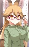  1girl animal_ears blonde_hair blush brown_hair casual collar commentary_request extra_ears ezo_red_fox_(kemono_friends) fox_ears fox_girl frilled_collar frilled_sleeves frills glasses green_sweater hair_ornament hairclip hand_on_eyewear hata_(user_ehfr2334) highres kemono_friends kemono_friends_3 long_hair long_sleeves looking_at_viewer multicolored_hair official_alternate_costume orange_eyes orange_hair red-framed_eyewear solo sweater upper_body 