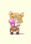 +_+ absurdres banana_hair_ornament bandaid bandaid_on_face black_footwear black_socks bread_hair_ornament brown_jacket brown_skirt bubble_blowing chewing_gum chibi clothes_around_waist crocodile_hair_ornament dress_shirt fish_hair_ornament food-themed_hair_ornament full_body gyaru hair_ornament hairclip hands_on_own_thighs heart heart_hair_ornament highres hololive hololive_english jacket jacket_around_waist long_sleeves loose_necktie loose_socks messy_hair moon_hair_ornament necktie phdpigeon pink_scrunchie plaid plaid_skirt red_necktie ribbon_hair_ornament scrunchie shirt short_hair simple_background skirt sleeves_rolled_up smol_ame socks star_(symbol) star_hair_ornament twintails watson_amelia white_shirt wing_collar yellow_background
