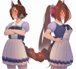  2girls animal_ears black_bow blue_shirt blush bow breasts brown_eyes brown_hair chinese_commentary closed_mouth commentary crossed_arms daiwa_scarlet_(umamusume) grey_hair hair_bow hair_intakes hair_over_one_eye hand_on_hip horse_ears horse_girl horse_tail intertwined_tails large_breasts long_hair looking_away multicolored_hair multiple_girls nose_blush pleated_skirt ponytail puffy_short_sleeves puffy_sleeves red_bow red_eyes school_uniform shirt short_sleeves simple_background skirt tail thigh-highs tiara tsundere two-tone_hair umamusume utsuru4 very_long_hair vodka_(umamusume) white_background white_skirt white_thighhighs 