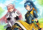 2girls akuru_(akr369akr) armor bangs blue_hair breastplate cherche_(fire_emblem) closed_eyes commission fire_emblem fire_emblem_awakening fire_emblem_fates hairband japanese_clothes long_hair multiple_girls oboro_(fire_emblem) open_mouth outdoors pink_eyes pink_hair ponytail red_eyes shoulder_armor skeb_commission smile