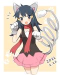 1girl :d animal_ears bangs black_hair black_shirt blush border cat_girl commentary_request cowlick dated grey_eyes hair_ornament hairclip highres hikari_(pokemon) long_hair looking_at_viewer notice_lines ohn_pkmn open_mouth paw_print pink_skirt pokemon pokemon_(game) pokemon_dppt pokemon_ears pokemon_tail red_scarf scarf shirt skirt sleeveless sleeveless_shirt smile solo tail white_border