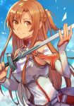 1girl armor asuna_(sao) braid breastplate brown_eyes brown_hair detached_sleeves dress female floating_hair hankuri holding holding_sword holding_weapon knights_of_blood_uniform_(sao) long_hair looking_at_viewer looking_to_the_side parted_lips rapier short_ponytail simple_background sleeveless sleeveless_dress smile solo sword sword_art_online upper_body weapon white_dress white_sleeves