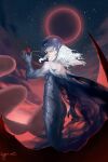 1boy androgynous behelit berserk black_claws claws commentary cypritree eclipse english_commentary femto_(berserk) griffith_(berserk) helmet holding holding_jewelry holding_necklace jewelry long_hair male_focus necklace signature sky solo star_(sky) starry_sky wavy_hair white_hair