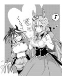 2girls alternate_costume animal_ears bag blush breasts commentary_request greyscale hair_between_eyes hair_ornament horse_ears kitasan_black_(umamusume) large_breasts long_hair medium_hair mekimeki monochrome multiple_girls musical_note open_mouth satono_diamond_(umamusume) shorts smile thigh-highs umamusume