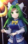  1girl bangs blue_capelet bow bowtie breasts capelet closed_mouth green_eyes green_hair hair_intakes hat highres holding holding_staff large_breasts long_hair long_sleeves looking_at_viewer mima mima_(touhou) parted_bangs smile solo staff touhou touhou_(pc-98) upper_body wizard_hat yellow_bow yellow_bowtie yosshy 