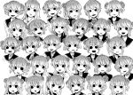4shi angry black_sailor_collar blank_eyes blush dango-chan_(4shi) double_bun drooling expressions fading grey_hair greyscale hair_bun highres looking_at_viewer looking_away looking_to_the_side michishio_(kantai_collection) monochrome multicolored_hair open_mouth open_smile original sailor_collar short_hair smile translation_request white_background white_hair