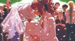  2girls ahoge alternate_hairstyle back blurry blurry_background blurry_foreground bride closed_eyes collar day depth_of_field dress flower formal groom gundam gundam_suisei_no_majo hairband highres hug kiss light_blush long_hair medium_hair miorine_rembran multiple_girls necktie outdoors petals redhead suit suletta_mercury thick_eyebrows tsunnamiart wedding wedding_dress white_hair white_suit wife_and_wife yuri 