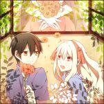 1boy 1girl apron bangs black_hair blue_dress collared_shirt dress falling_petals flower foliage frilled_apron frills garden gloves gradient_eyes grey_shirt hair_behind_ear hair_between_eyes hair_ornament hair_ribbon hairband hetero holding holding_flower japanese_clothes kagerou_project kozakura_marry leaf long_hair looking_at_another mekakucity_actors multicolored_eyes open_mouth own_hands_together parted_bangs petals pink_dress pink_eyes pink_hairband pink_ribbon red_eyes red_flower ribbon seto_kousuke shirt short_hair short_sleeves smile smilepanda_(lapin) souzou_forest_(vocaloid) teeth too_many_flowers upper_body upper_teeth white_apron white_flower white_hair window yellow_eyes yellow_flower