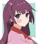 1girl bakemonogatari bangs blue_background blue_eyes commentary_request grey_eyes heart highres jacket long_hair looking_at_viewer looking_to_the_side monogatari_(series) pink_jacket polka_dot polka_dot_background purple_hair senjougahara_hitagi solo two-tone_background upper_body valhalla0707 white_background