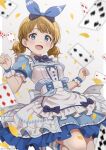  1girl absurdres alice_(alice_in_wonderland) alice_(alice_in_wonderland)_(cosplay) alice_(wonderland) apron back_bow bangs blue_bow blue_bowtie blue_dress blue_eyes blue_ribbon blush bow bowtie brown_hair card club_(shape) commentary confetti cosplay cowboy_shot diamond_(shape) dress female_child flat_chest frilled_apron frilled_dress frilled_skirt frilled_sleeves frills hair_ribbon hands_up highres holding_card idolmaster idolmaster_million_live! idolmaster_million_live!_theater_days jumping kurobako_bb looking_at_viewer official_alternate_hairstyle open_mouth playing_card puffy_short_sleeves puffy_sleeves ribbon short_hair short_sleeves short_twintails skirt smile solo spade_(shape) suou_momoko thighs twintails twitter_username white_apron white_background wrist_cuffs 