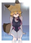 1girl alternate_costume animal_ears black_one-piece_swimsuit blush breasts brown_hair competition_swimsuit ezo_red_fox_(kemono_friends) fox_ears fox_girl fox_tail goggles goggles_around_neck hair_between_eyes hntk778 kemono_friends long_hair looking_at_viewer multicolored_hair one-piece_swimsuit orange_eyes orange_hair sitting solo swimsuit tail