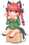 1girl animal_ears bad_anatomy beamed_eighth_notes blush braid cat_ears cat_tail chibi eating eighth_note fang food hagezizii kaenbyou_rin multiple_tails musical_note nekomata red_hair simple_background skin_fang solo tail touhou twin_braids two_tails white_background