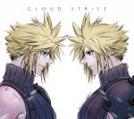 1boy aiz00 aqua_eyes armor blonde_hair blue_eyes blue_shirt character_name cloud_strife dated earrings expressionless final_fantasy final_fantasy_vii final_fantasy_vii_remake green_eyes hair_between_eyes jewelry looking_at_another male_focus multiple_views profile shirt short_hair shoulder_armor single_bare_shoulder single_earring sleeveless sleeveless_turtleneck smile spiked_hair spiky_hair suspenders turtleneck twitter_username upper_body
