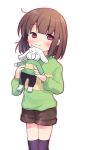  1girl asriel_dreemurr bangs blush brown_hair brown_shorts chara_(undertale) green_sweater holding holding_stuffed_toy long_sleeves looking_at_viewer red_eyes short_shorts shorts simple_background smile solo standing striped striped_sweater stuffed_toy sweater thigh-highs thighhighs undertale white_background xox_xxxxxx 